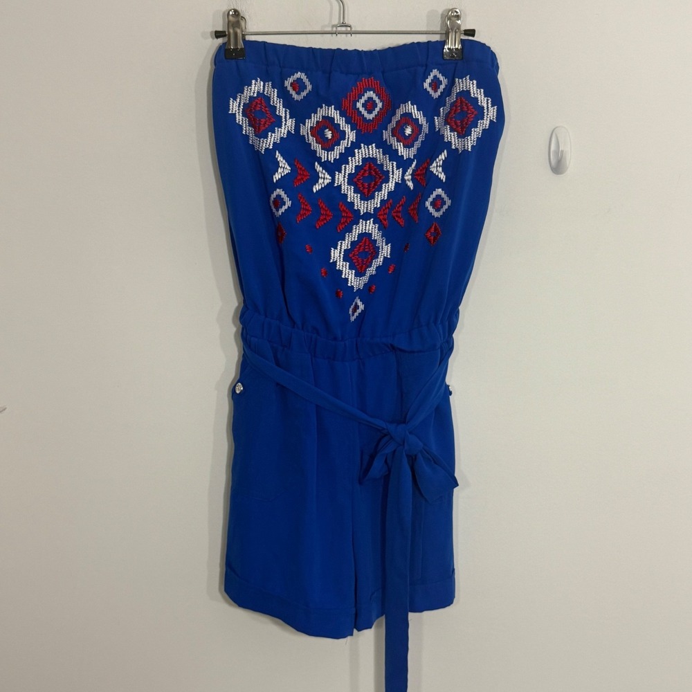 Takara Womens Romper M Blue Embroidered Strapless Belted Boho Resort Vacation